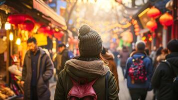 ai generato Pechino strada mercato, autentico cibo scena con Cinese turisti foto