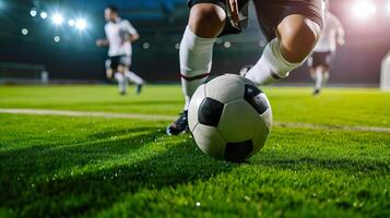 ai generato calcio incontro intensità, giocatore dribbling su grande stadio campo foto