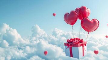 ai generato regalo scatola con cuore Palloncino galleggiante nel il cielo, contento San Valentino giorno bandiera foto