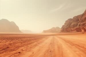 ai generato paesaggio Visualizza di polveroso strada andando lontano lontano Da nessuna parte nel wadi Rum deserto Giordania foto