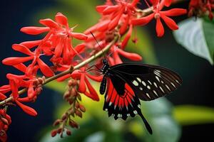 ai generato farfalla impollinazione rosso fiori nel Massachusetts foto