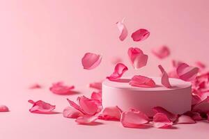 ai generato lusso rosa Prodotto presentazione con caduta rosa petali. foto