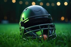 ai generato cricket fan casco su verde erba con focalizzata luci. foto