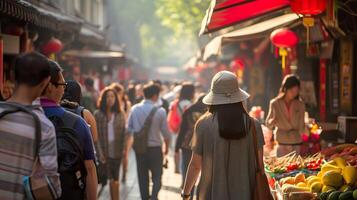ai generato Pechino strada mercato, autentico cibo scena con Cinese turisti foto