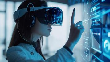 ai generato futuristico ar spazio di lavoro, donna nel virtuale la realtà bicchieri con olografico Infografica foto