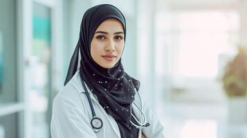 ai generato giovane musulmano medico nel hijab sorridente nel luminosa medico ufficio foto