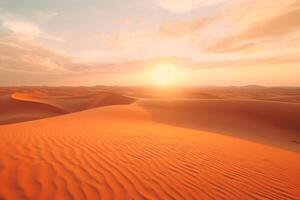 ai generato tramonto al di sopra di il deserto di al katim nel abu dhabi emirati. d'oro sabbia duna deserto paesaggio panorama. bellissimo tramonto al di sopra di il sabbia dune nel il al katim nel abu dhabi Emirates foto