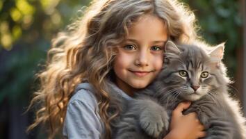 ai generato poco ragazza con carino gatto all'aperto ritratto foto