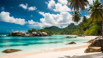 ai generato magnifico soleggiato spiaggia nel Seychelles foto