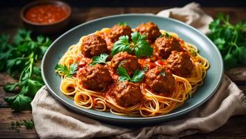 ai generato delizioso appetitoso Polpette con spaghetti, pomodoro salsa nel il cucina foto