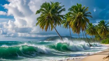 ai generato forte vento tropicale tempesta palma alberi, oceano riva foto