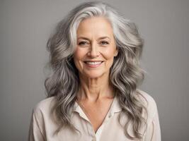 ai generato bellissimo anziano donna con grigio capelli foto