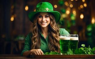 ai generato bellissimo ragazza con un' bicchiere di verde birra, indossare un' cappello con trifoglio le foglie sfondo foto