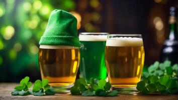 ai generato bicchieri con verde birra, trifoglio le foglie sfondo foto