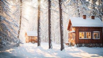 ai generato inverno case nel il foresta foto