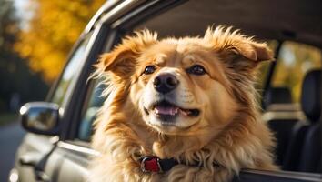 ai generato carino cane nel il auto foto