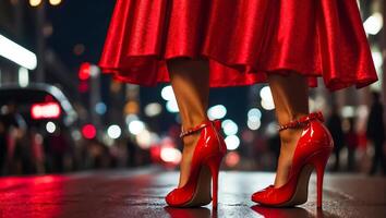 ai generato femmina gambe nel bellissimo rosso brevetto pelle tacchi a spillo a notte foto