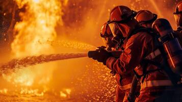 ai generato pompiere addestramento, coraggioso vigile del fuoco nel azione con acqua e estintore foto