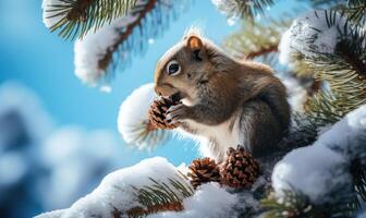 ai generato scoiattolo mangiare un' pino cono su un' nevoso ramo con suo soffice coda foto
