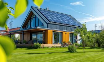ai generato moderno Casa con solare pannelli installato su il tetto. moderno Casa con solare pannelli installato su il tetto. foto