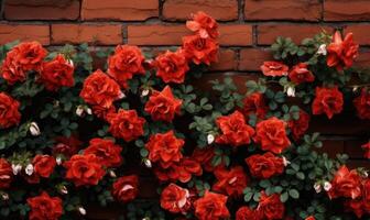 ai generato rosso Rose con verde le foglie su un' mattone parete sfondo. foto