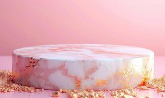 ai generato rosa marmo podio con ombra di le foglie e rosa quarzo struttura sfondo foto
