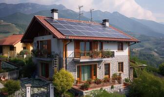 ai generato moderno Casa con solare pannelli su tetto e montagne nel il sfondo. foto