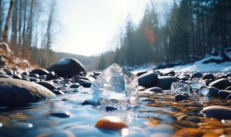 ai generato ruscello nel il foresta. bellissimo presto primavera paesaggio con un' fiume e pietre. foto