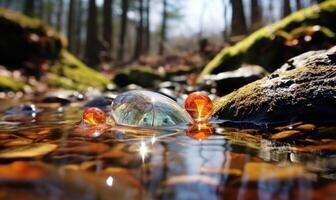 ai generato congelato acqua nel il foresta con ghiaccio cubi e ciottoli. presto primavera paesaggio foto