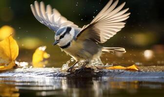 ai generato grande tetta parus maggiore nel un' pozzanghera dopo il pioggia foto