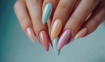 ai generato femmina mani con rosa e beige chiodo design. chiodo polacco manicure. foto