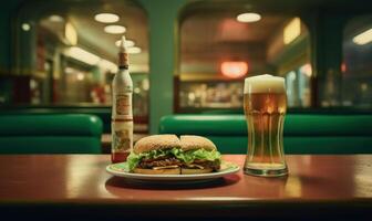 ai generato Hamburger con un' bicchiere di birra su un' tavolo nel un' pub foto