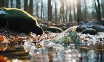 ai generato caduto le foglie nel il ghiaccio su il fiume nel il inverno foresta foto