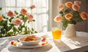 ai generato un' tazza di caffè su un' di legno tavolo con un' mazzo di Rose nel il sfondo foto