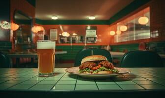 ai generato Manzo hamburger con francese patatine fritte e un' bicchiere di birra nel un' pub foto