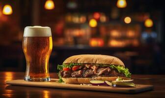 ai generato Hamburger con francese patatine fritte e un' bicchiere di birra nel un' pub foto