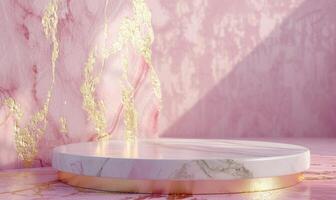 ai generato astratto minimo scena con marmo podio e tropicale le foglie su rosa sfondo. foto