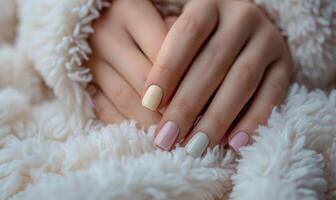 ai generato femmina mani con rosa chiodo design. chiodo polacco manicure. foto