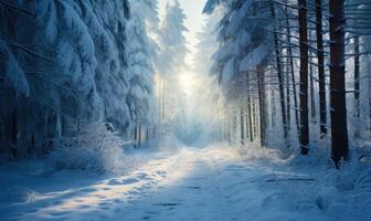 ai generato bellissimo inverno paesaggio con neve coperto alberi nel foresta a Alba. foto