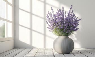ai generato lavanda fiori nel vaso su bianca mensola contro bianca parete foto