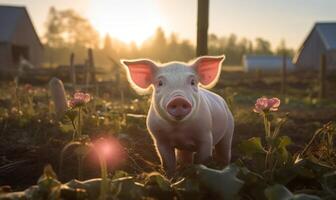 ai generato carino poco maialino su il azienda agricola nel il tramonto luce. foto