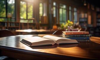 ai generato Aperto libro su un' di legno tavolo nel un' biblioteca. selettivo messa a fuoco. foto