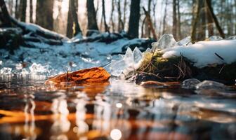 ai generato caduto le foglie nel il ghiaccio su il fiume nel il inverno foresta foto