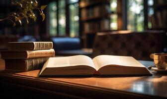 ai generato Aperto libro su un' di legno tavolo nel un' biblioteca. selettivo messa a fuoco. foto