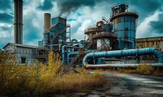 ai generato abbandonato industriale pianta nel il mezzo di il foresta con blu cielo foto