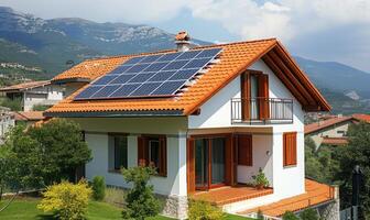 ai generato moderno Casa con solare pannelli su tetto e montagne nel il sfondo. foto