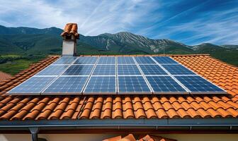 ai generato moderno Casa con solare pannelli su tetto e montagne nel il sfondo. foto