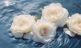 ai generato bianca Rose su il superficie di il acqua. floreale sfondo. foto