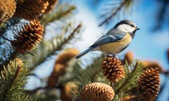 ai generato blu tetta tetta su un' abete ramo con coni nel il autunno foresta. foto