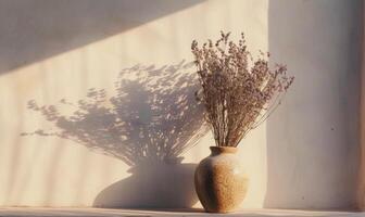 ai generato mazzo di secco fiori nel di vimini vaso su bianca parete sfondo foto